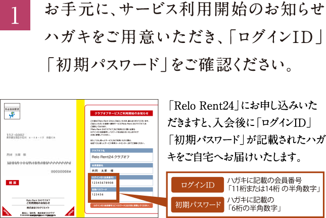 1.お手元に、サービス利用開始のお知らせハガキをご用意いただき、「ログインID」「初期パスワード」をご確認ください。「Relo Rent24」にお申し込みいただきますと、入会後に「ログインID」「初期パスワード」が記載されたハガキをご自宅へお届けいたします。